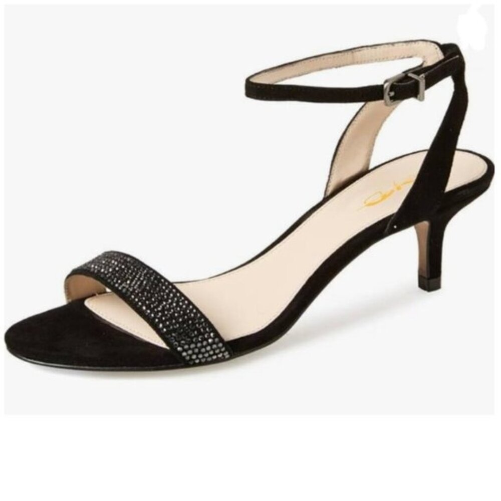 XYD Black Open Toe Ankle Strap Kitten Heel Rhinestones Studded Buckle Sandal